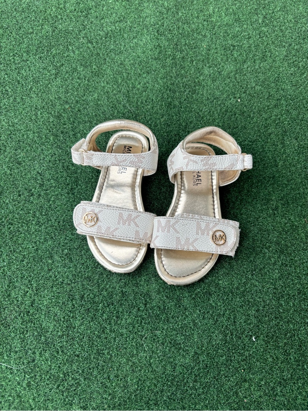 Michael Kors Girls Beige MK Logo Velcro Sandals with Gold Emblems